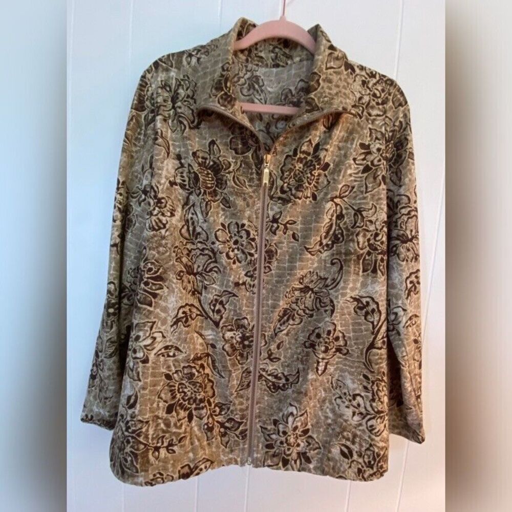 Chico’s Jacket Women’s Large Brown Beige Floral Full Zip Athleisure Stretch